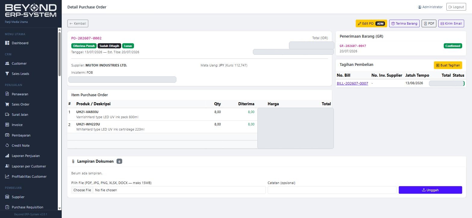 Purchase Order multi-currency untuk consumable printing di Beyond ERP-System